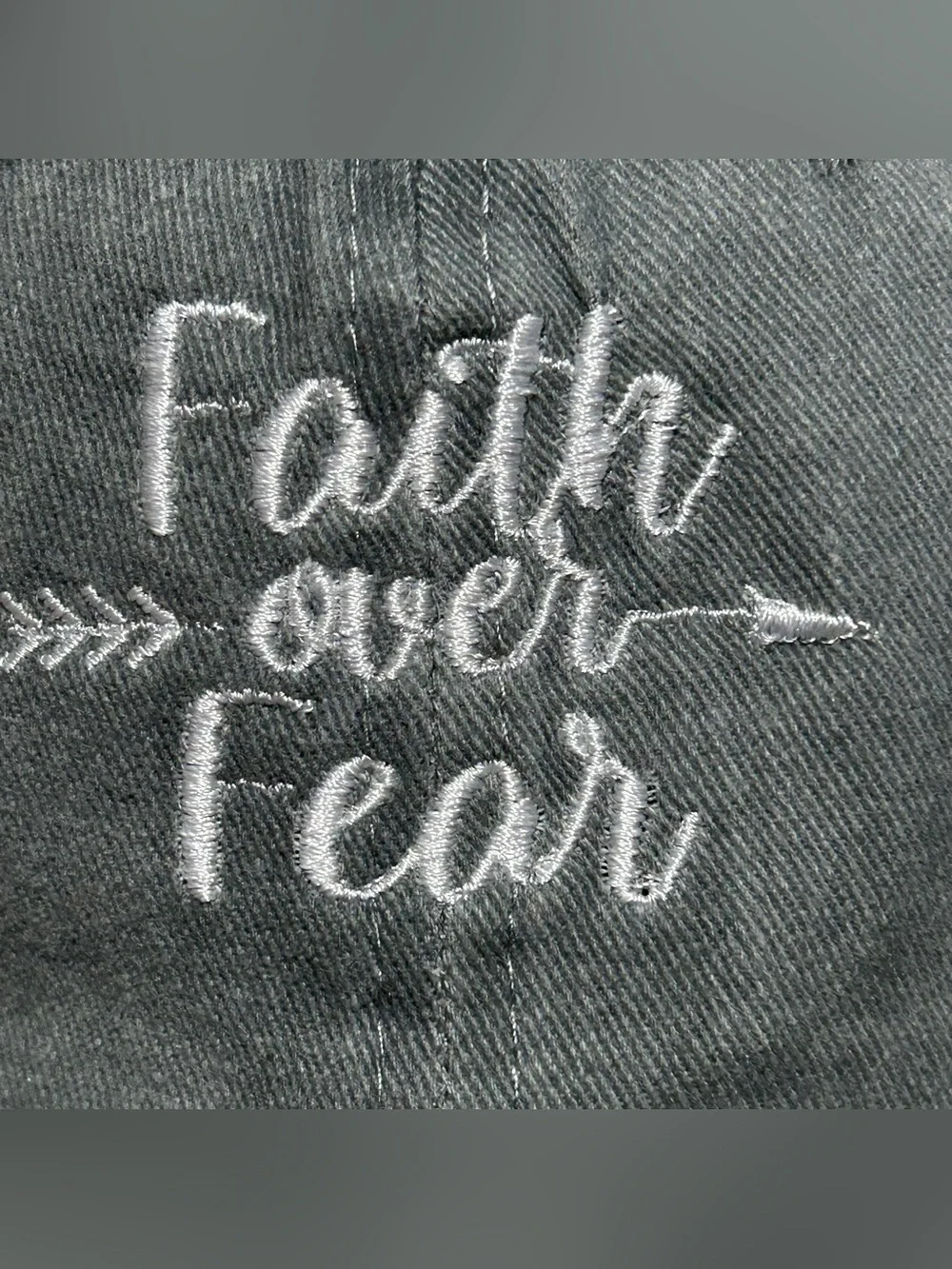 “Faith Over Fear ” Embroidered Baseball Cap Hat • Grey • Buckle Adjustment.